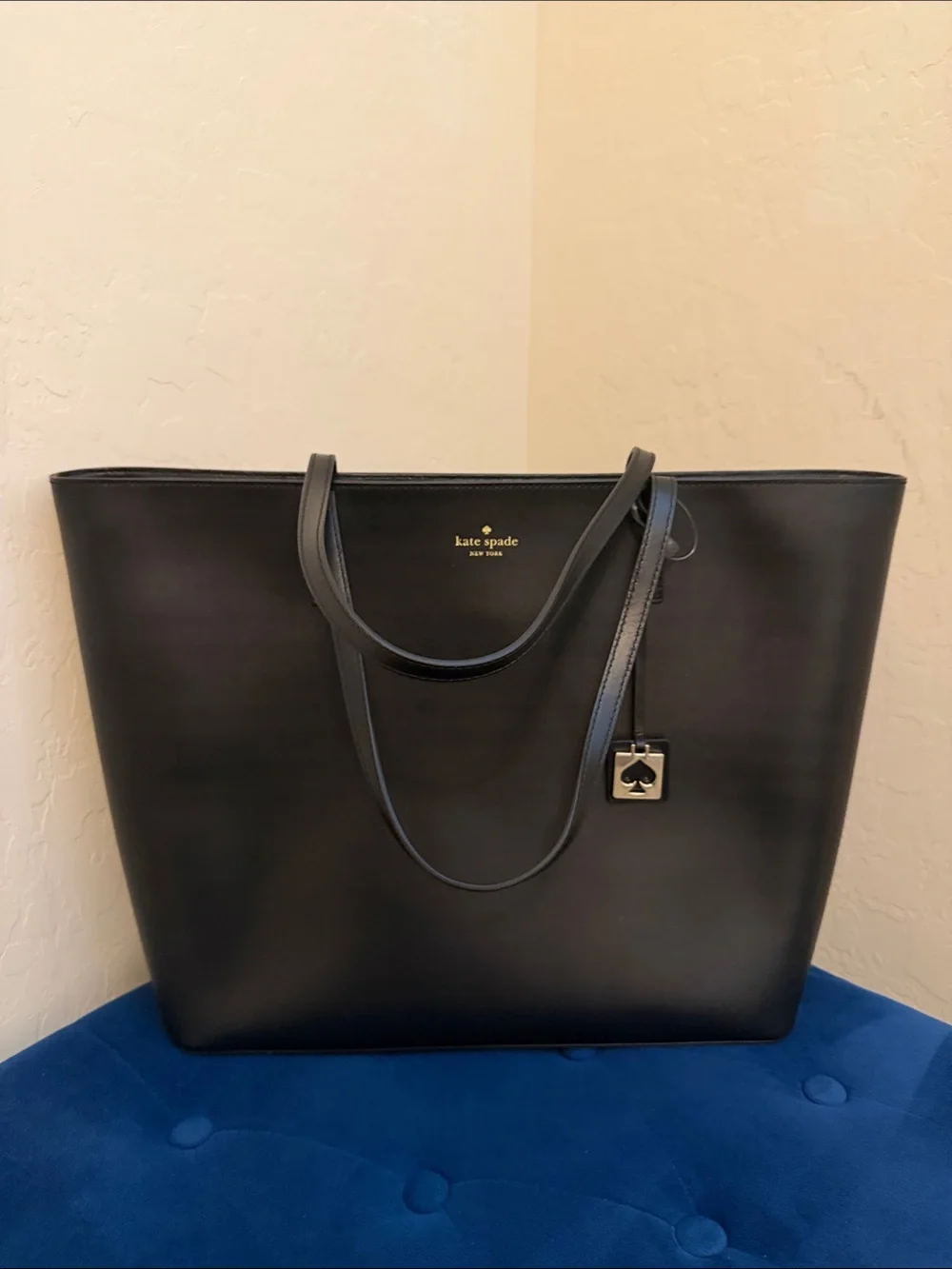 Brand New kate spade Black Leather Double-Handle Tote with Logo Charm